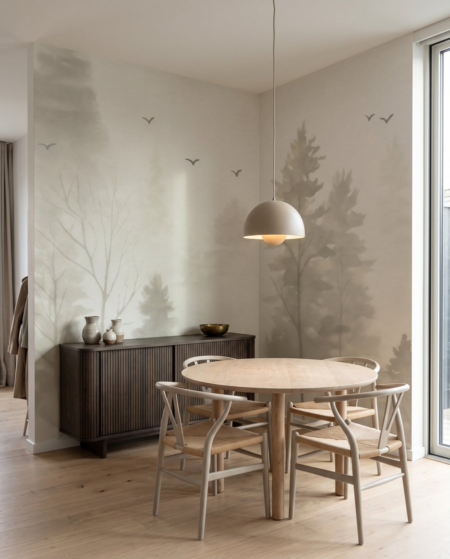Pines and Passing Birds in an interior
