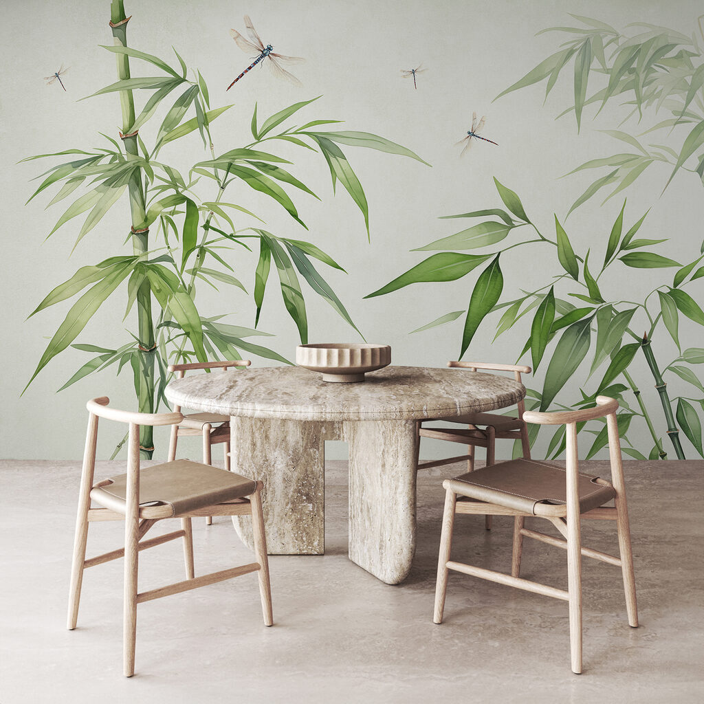 Dragonflies among green bamboo — interior 2