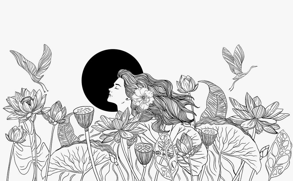 Woman among lotus flowers — full design