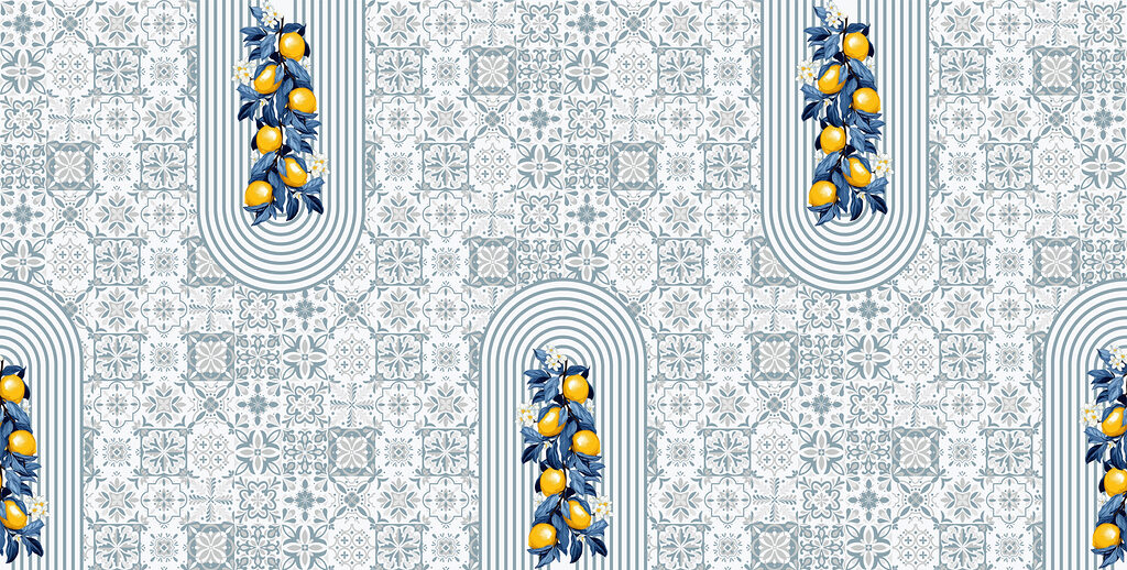 Lemons among blue tiles — full design