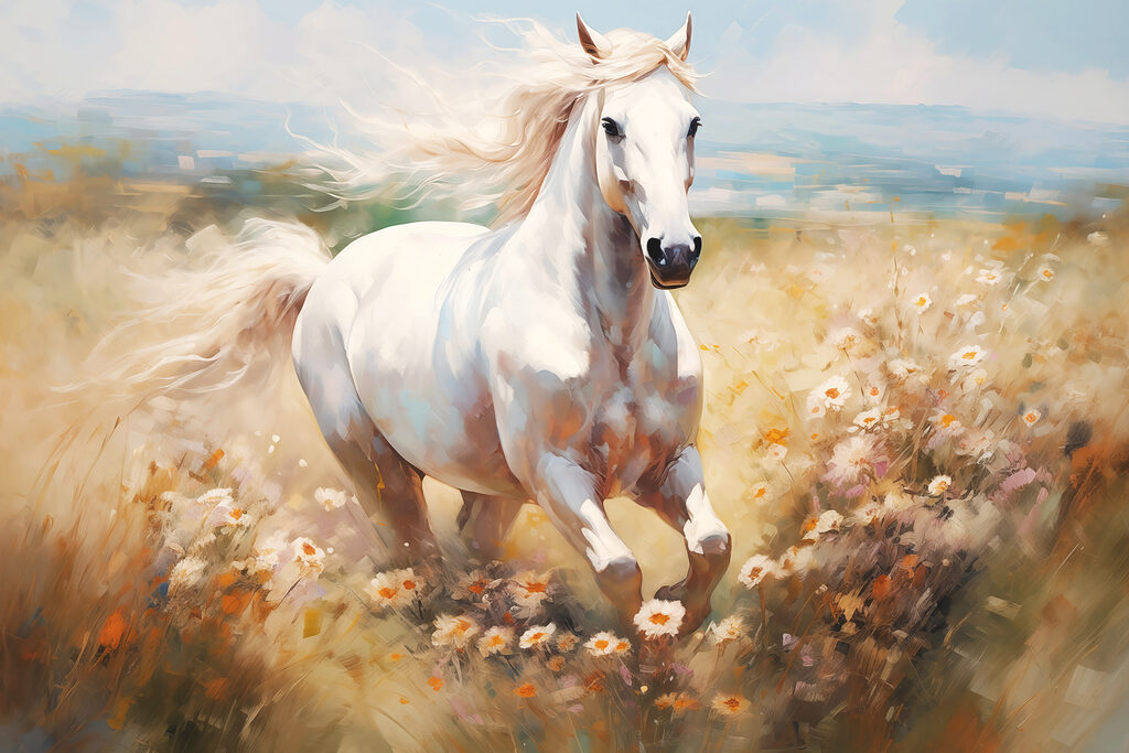 White horse among flowers — full design