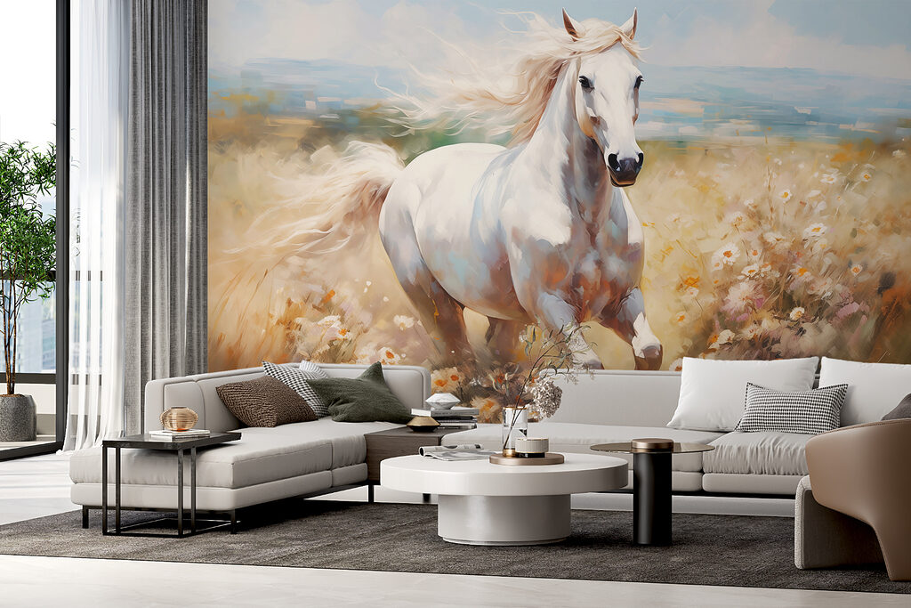 White horse among flowers — interior 1