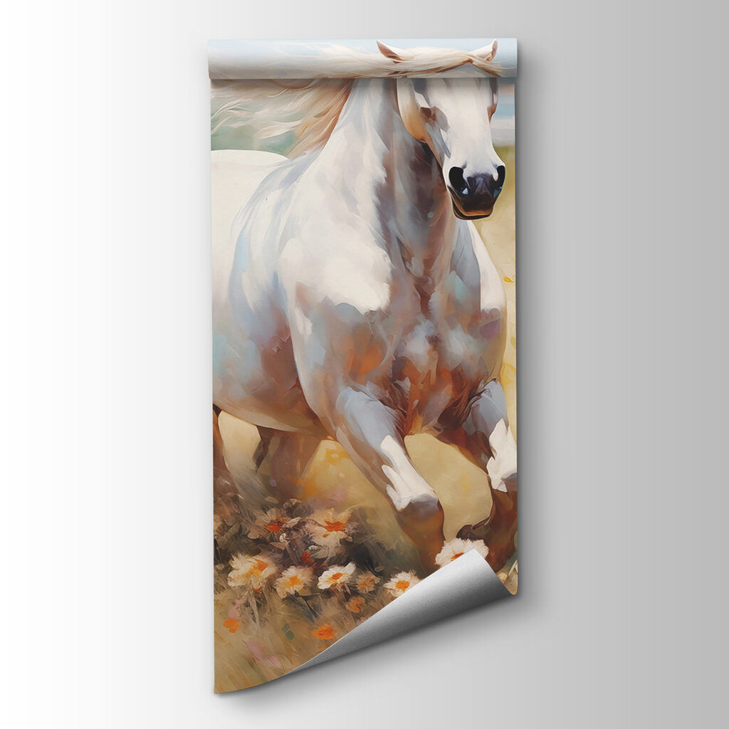 White horse among flowers — product view