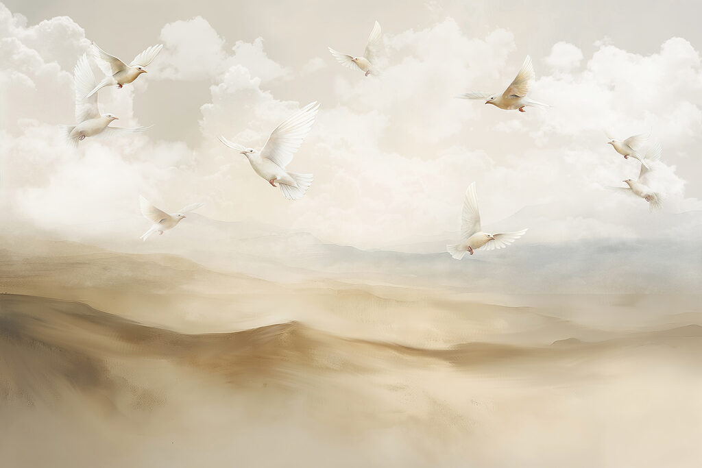 Birds above misty hills — full design