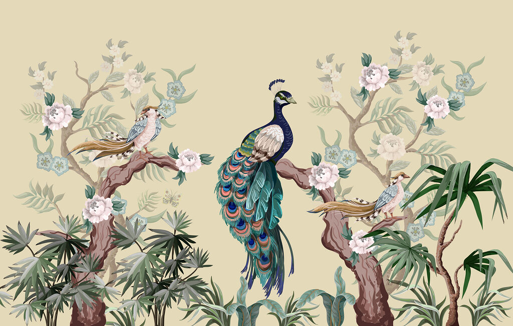Peacock among blossoms — full design