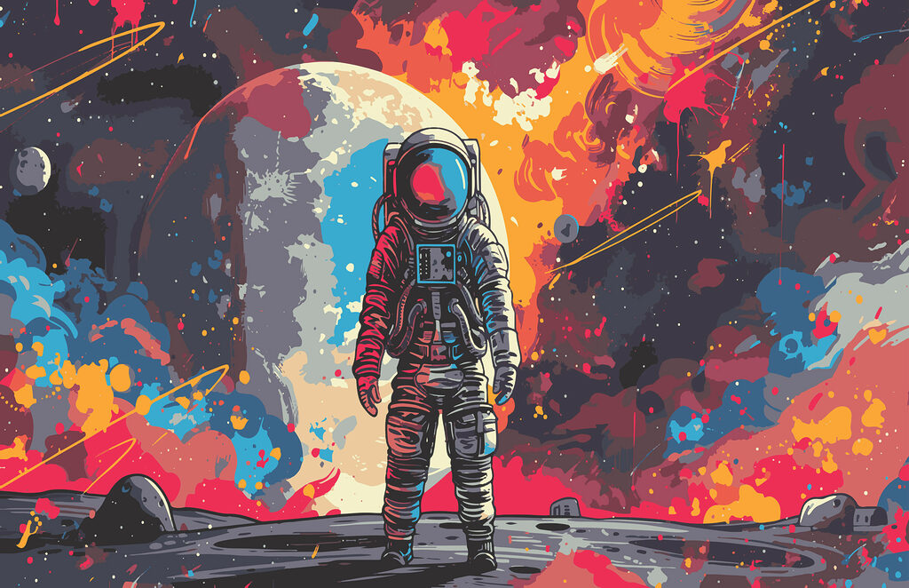 Astronaut among paint splashes — full design