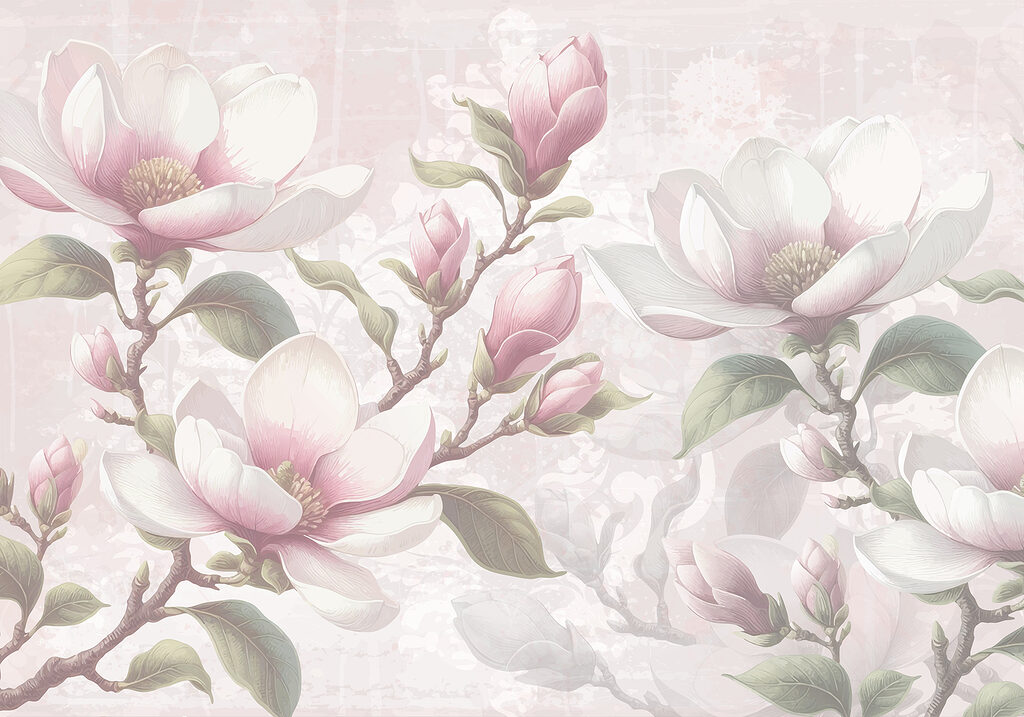 Pink magnolia on grey — full design