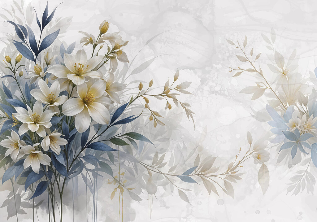 White flowers, blue leaves — full design