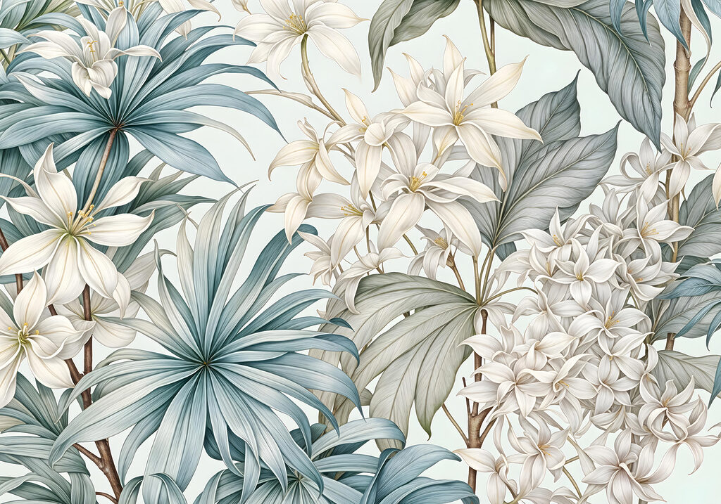 Flowers and pointed leaves — full design