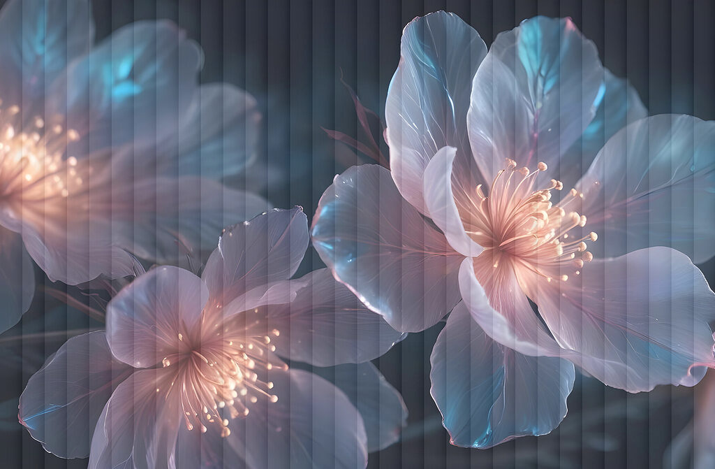 Blue flowers, light sparks — full design