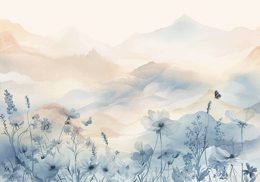 Blue wildflowers and mountains — full design