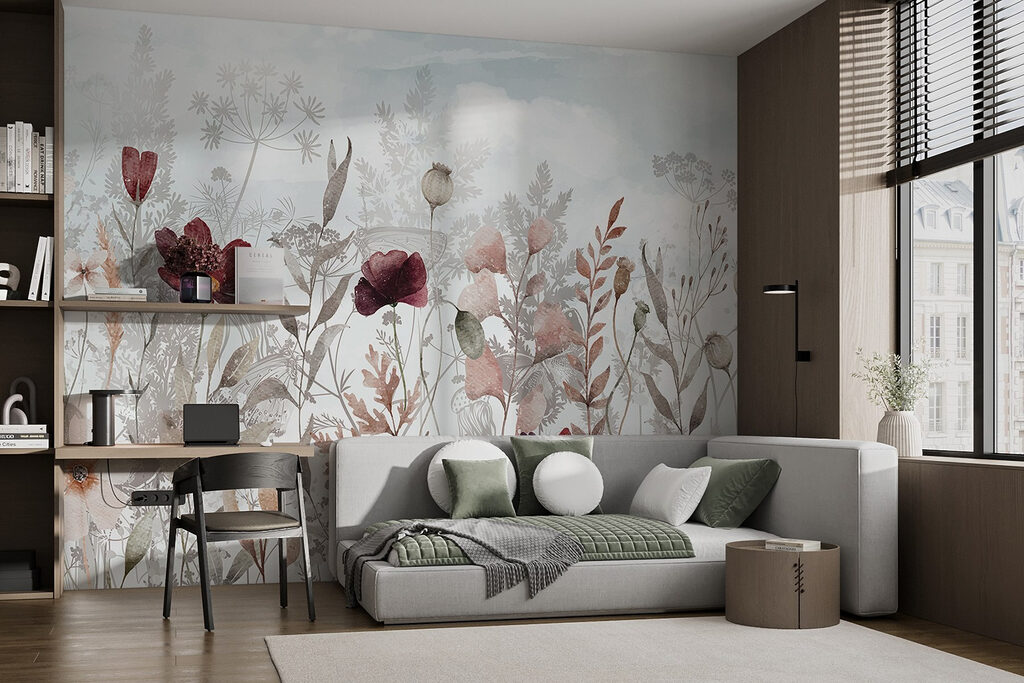 Burgundy flowers among leaves — interior 1