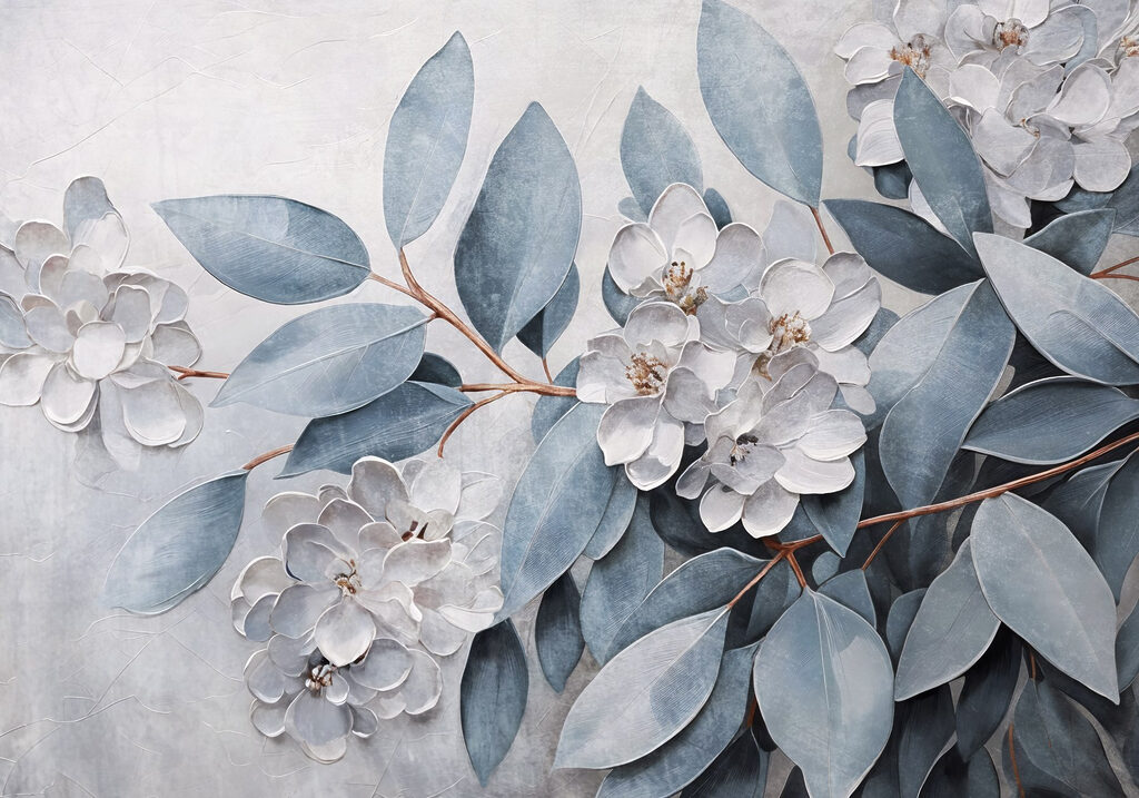 Blue leaves, flower relief — full design