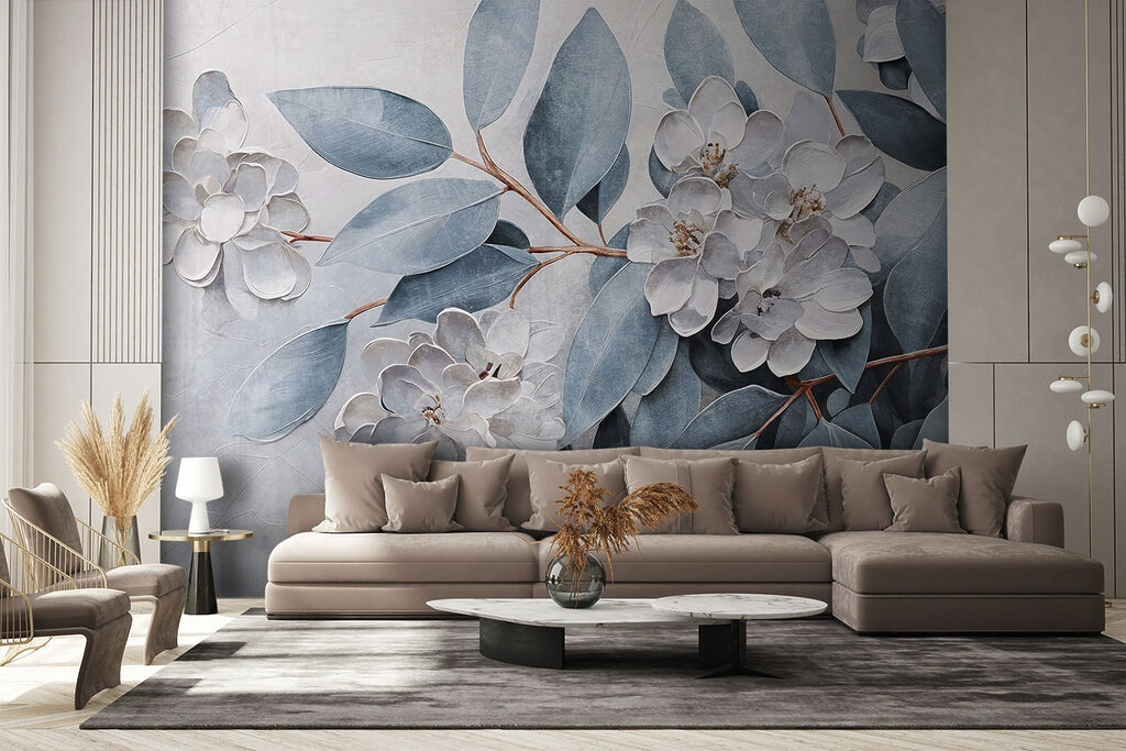 Blue leaves, flower relief — interior 1