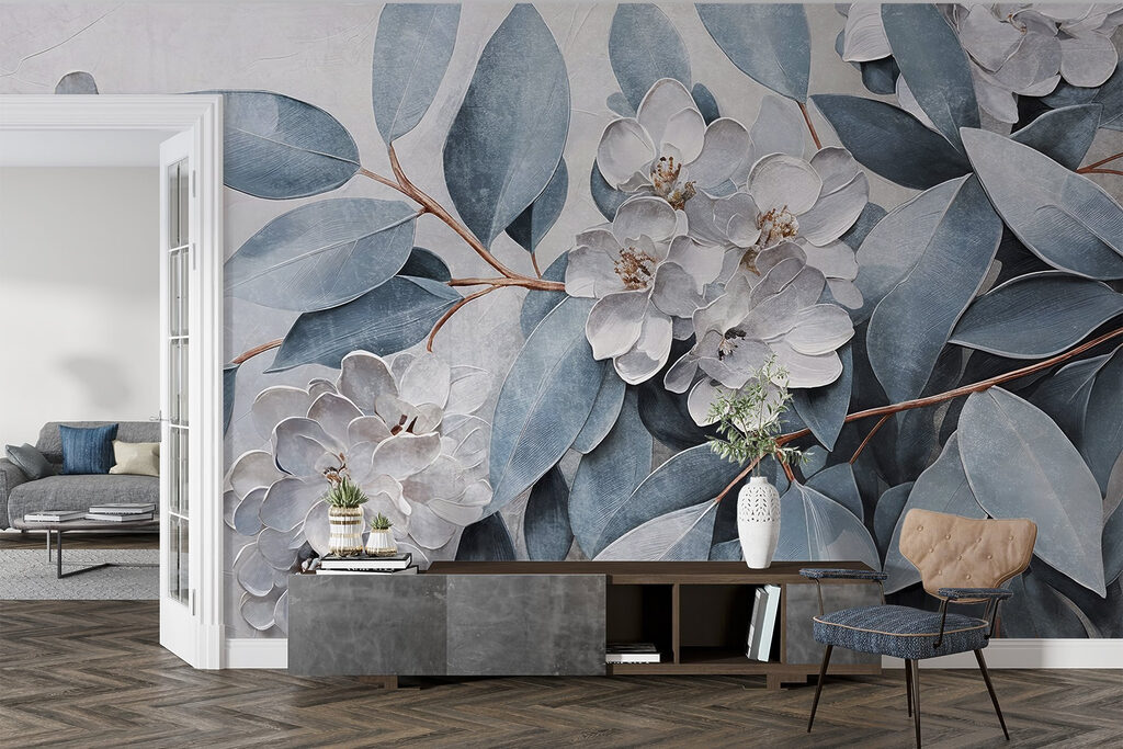 Blue leaves, flower relief — interior 2