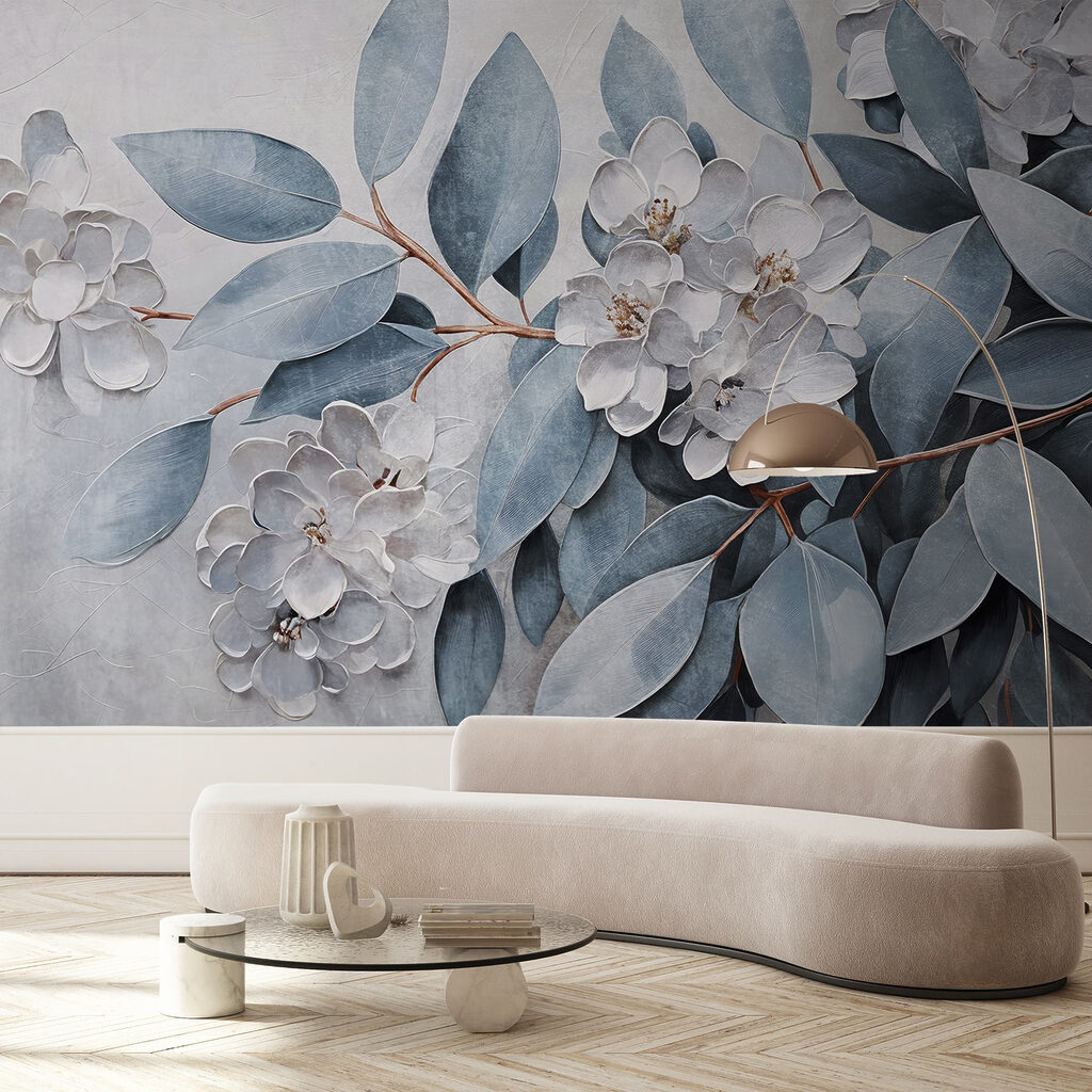 Blue leaves, flower relief — interior 3