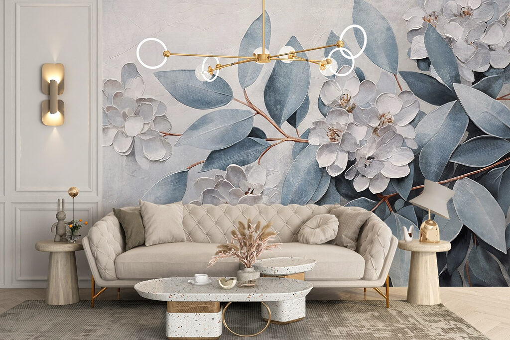 Blue leaves, flower relief — interior 5