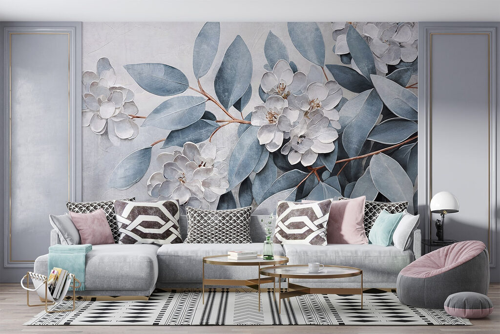 Blue leaves, flower relief — interior 6