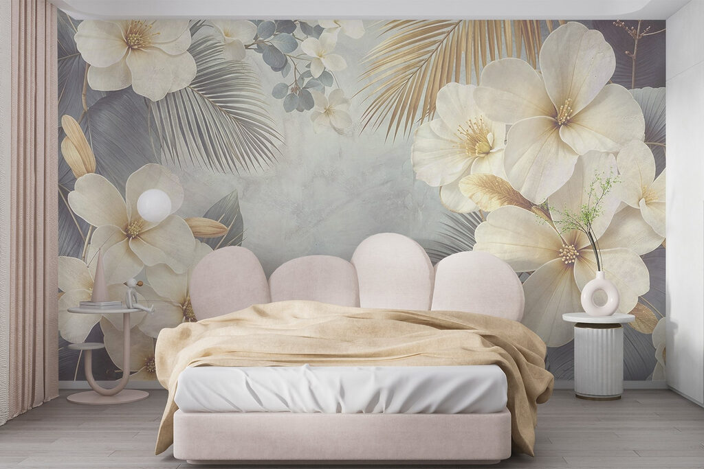 White flowers, golden fans — interior 3