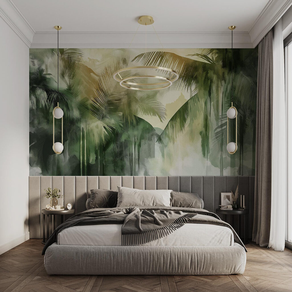 Green palms in brushstrokes — interior 1