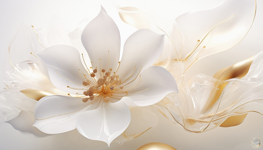 White flower, gold lines — full design