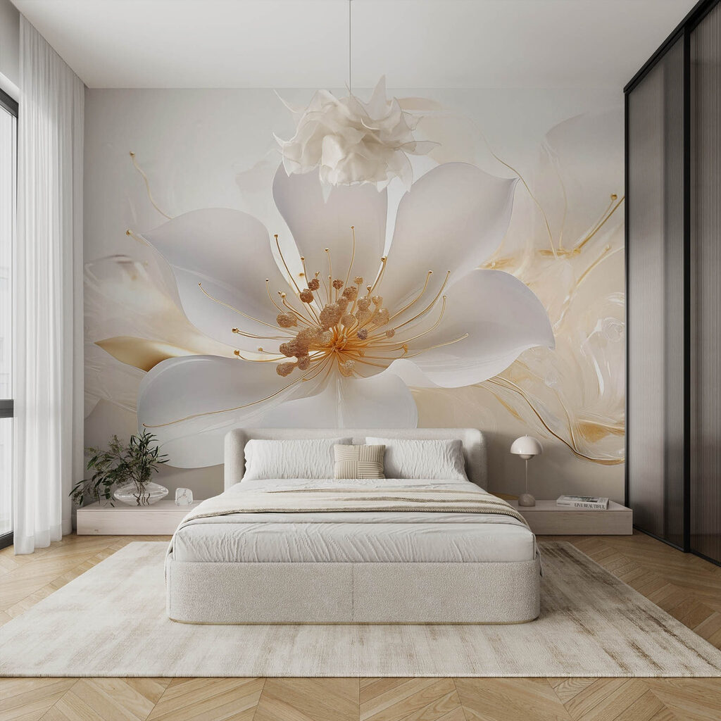 White flower, gold lines — interior 2