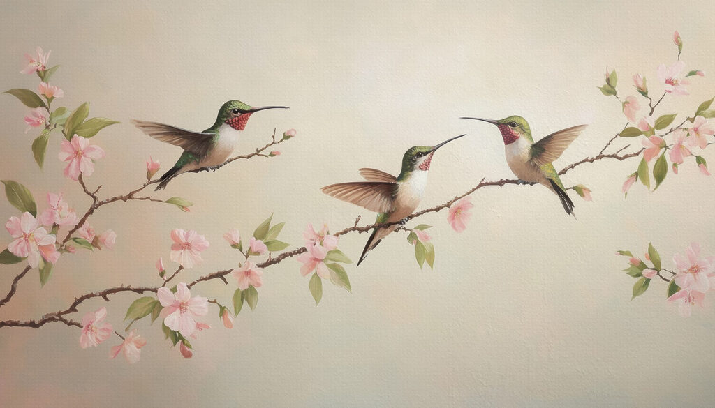 Hummingbirds above blossom — full design
