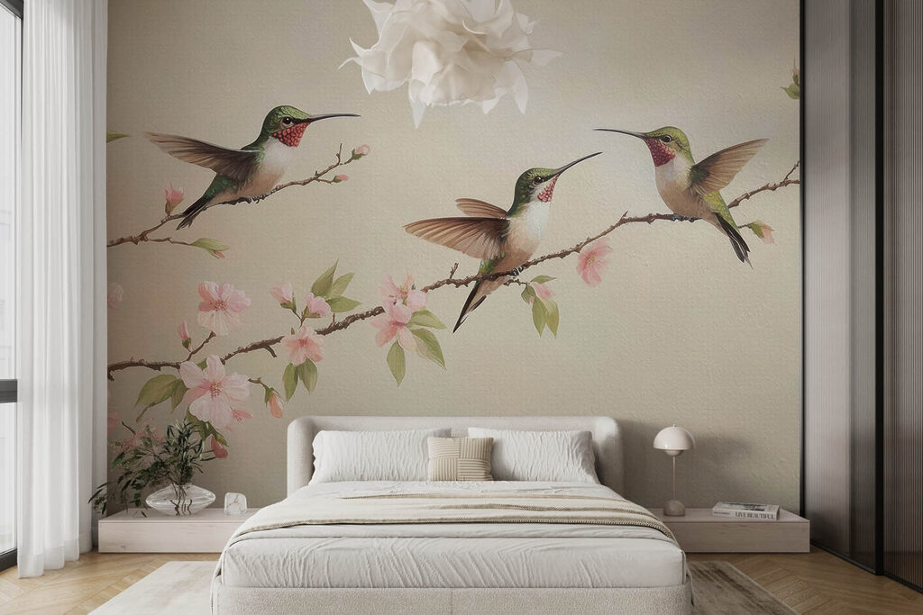 Hummingbirds above blossom — interior 1