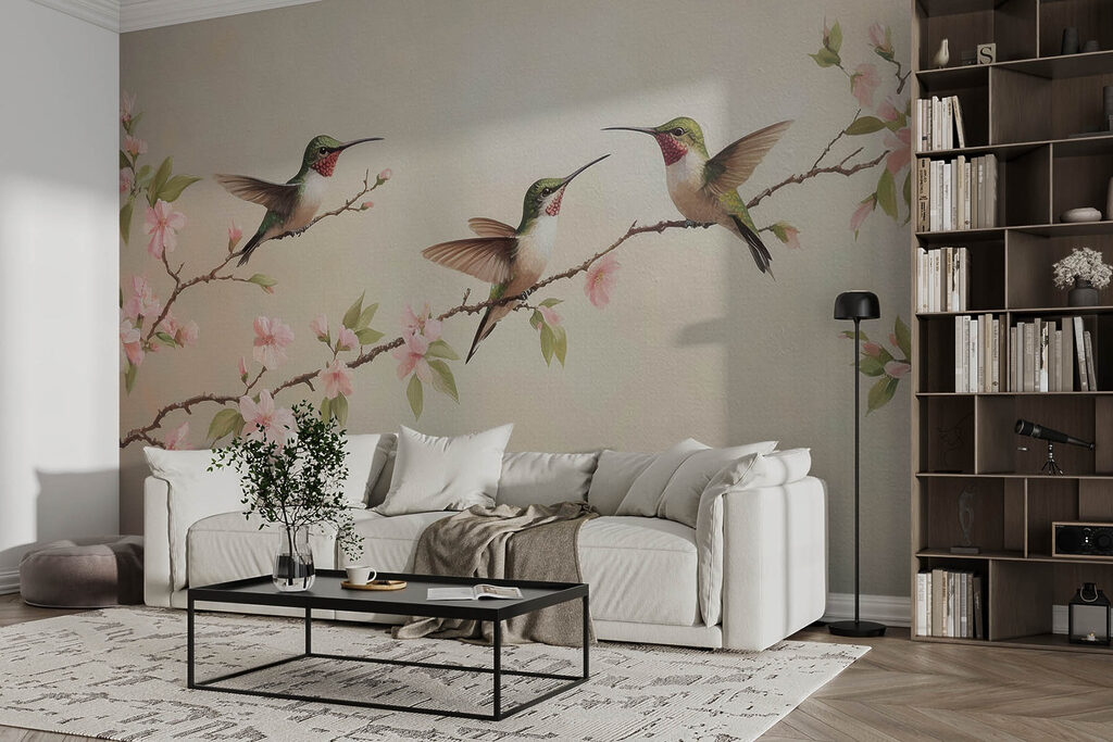 Hummingbirds above blossom — interior 2
