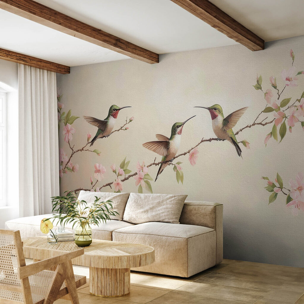 Hummingbirds above blossom — interior 3