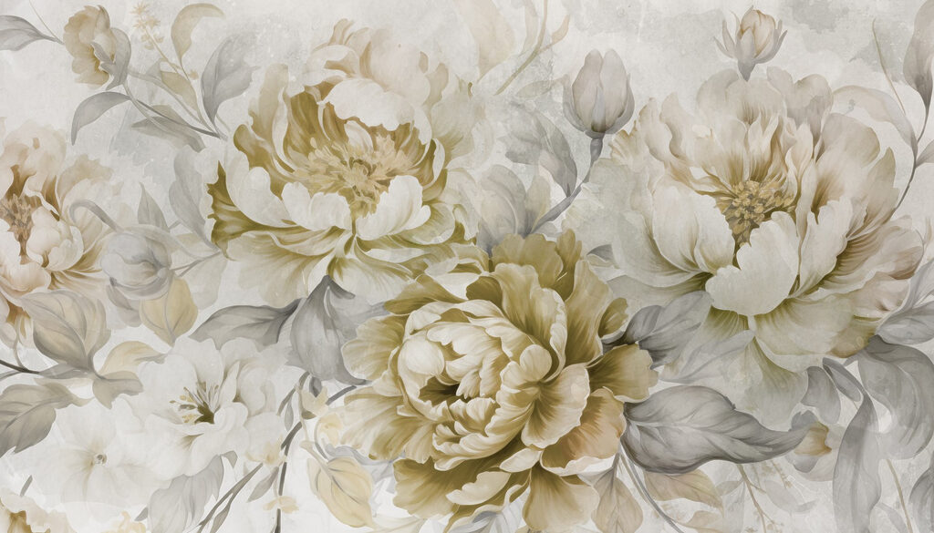 Peonies in olive watercolour — full design