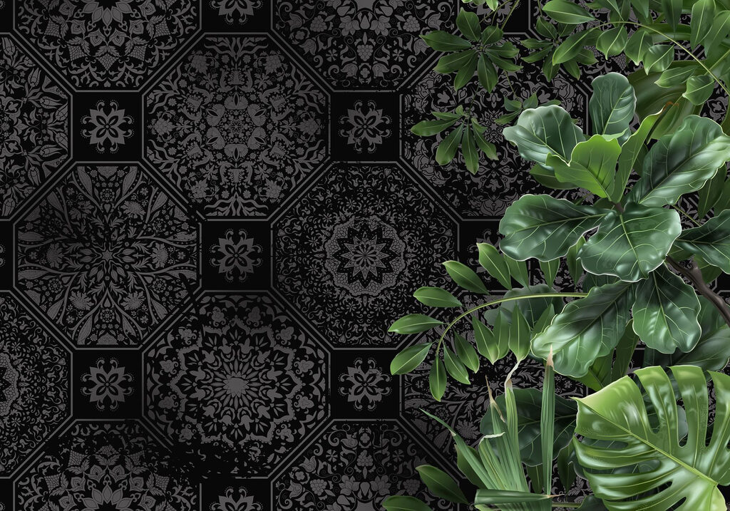 Green leaves, dark patterns — full design
