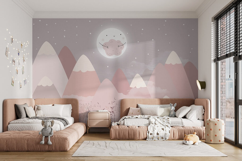 Moon above pink peaks — interior 1