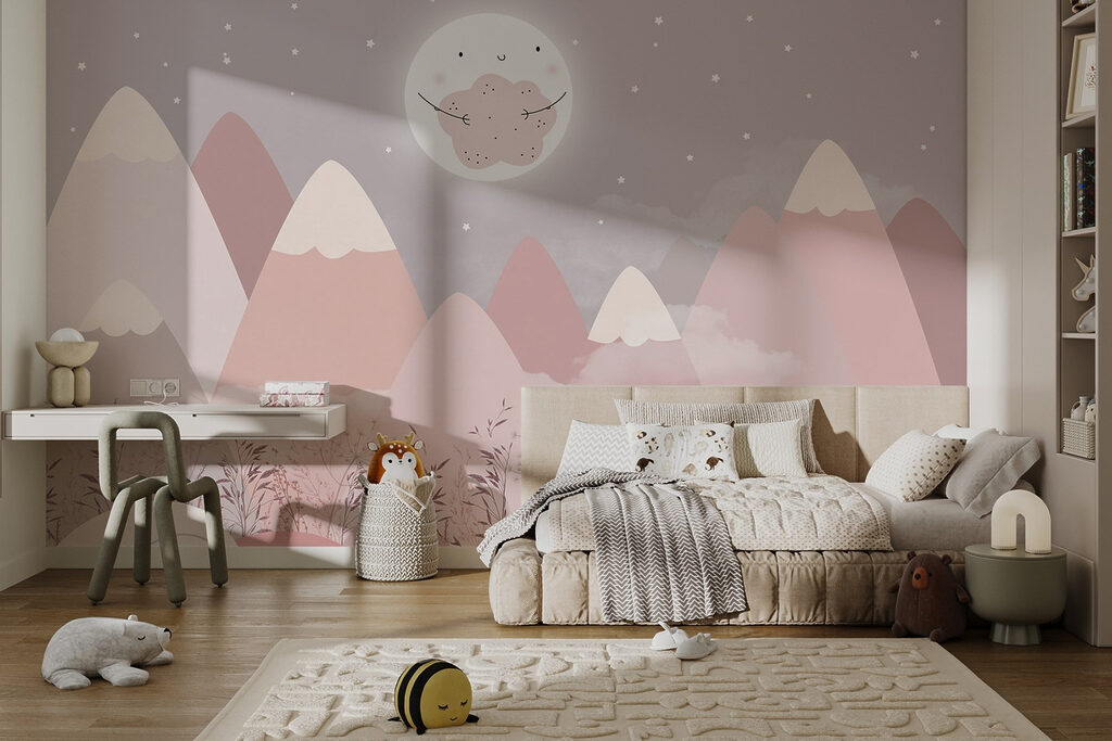 Moon above pink peaks — interior 2
