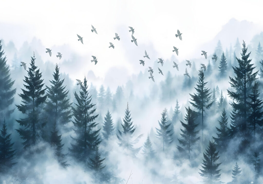 Birds above misty pines — full design