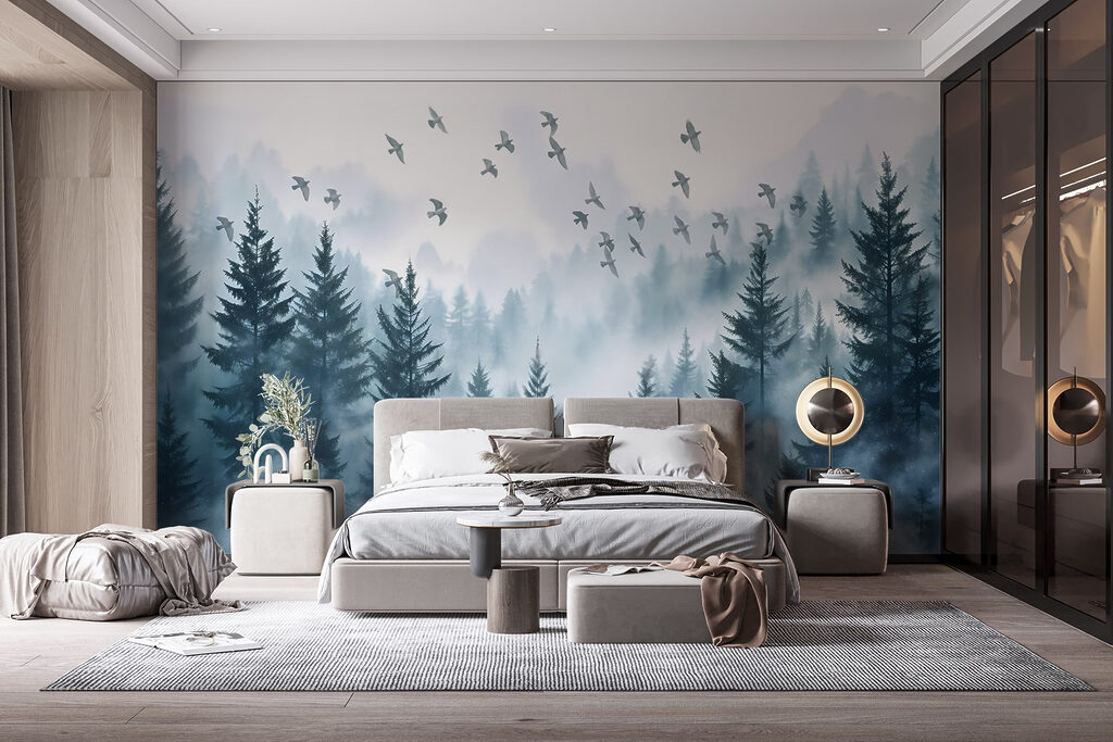 Birds above misty pines — interior 1
