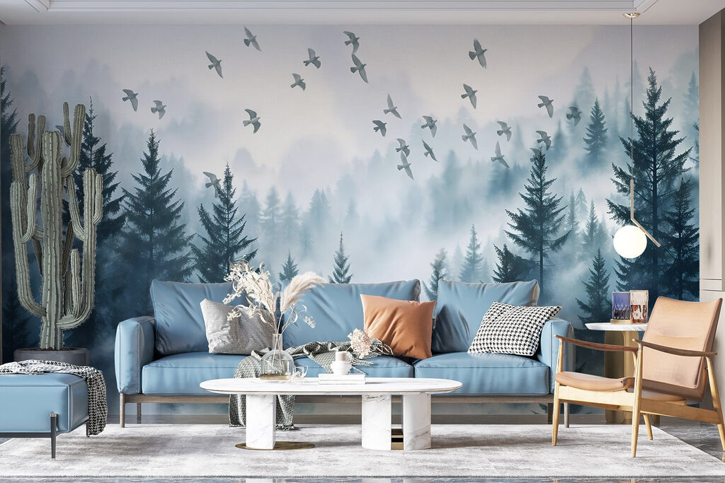 Birds above misty pines — interior 2
