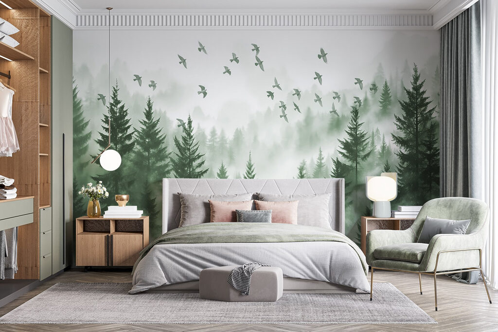 Birds Above Misty Pines in an interior