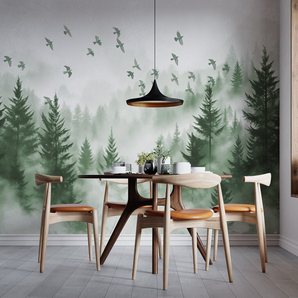 Birds Above Misty Pines in an interior
