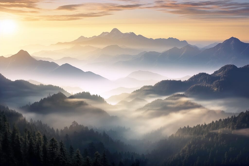 Sunlit mist over mountains — full design