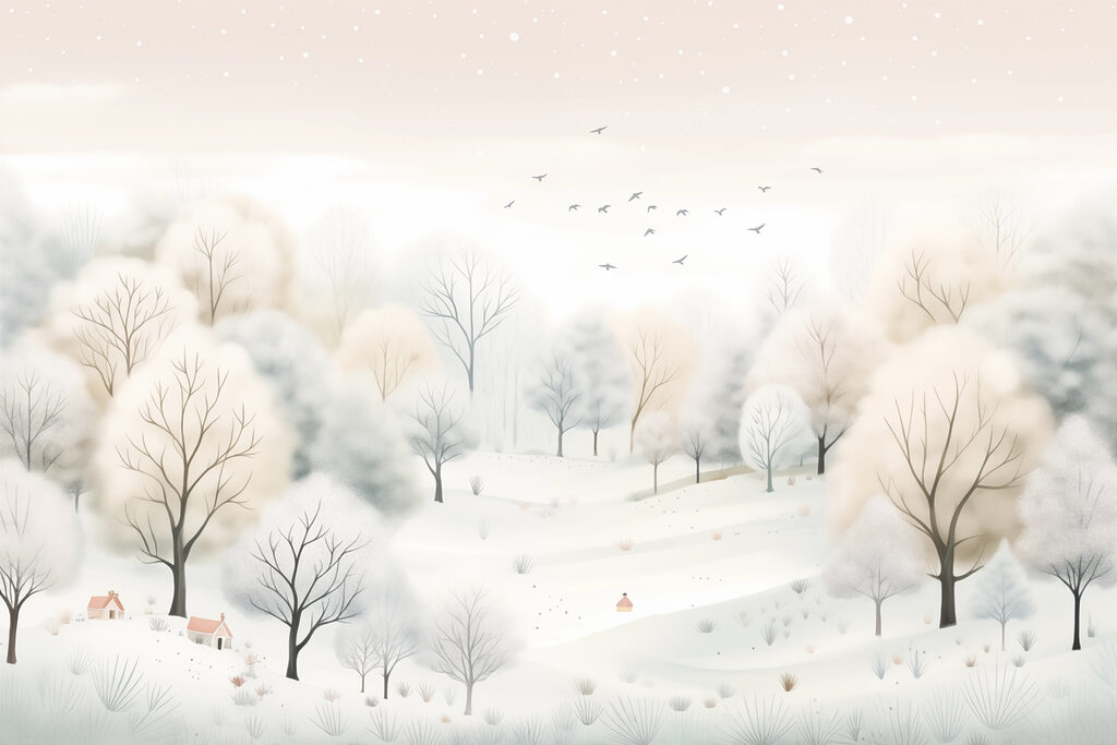 Winter hills with birds — full design