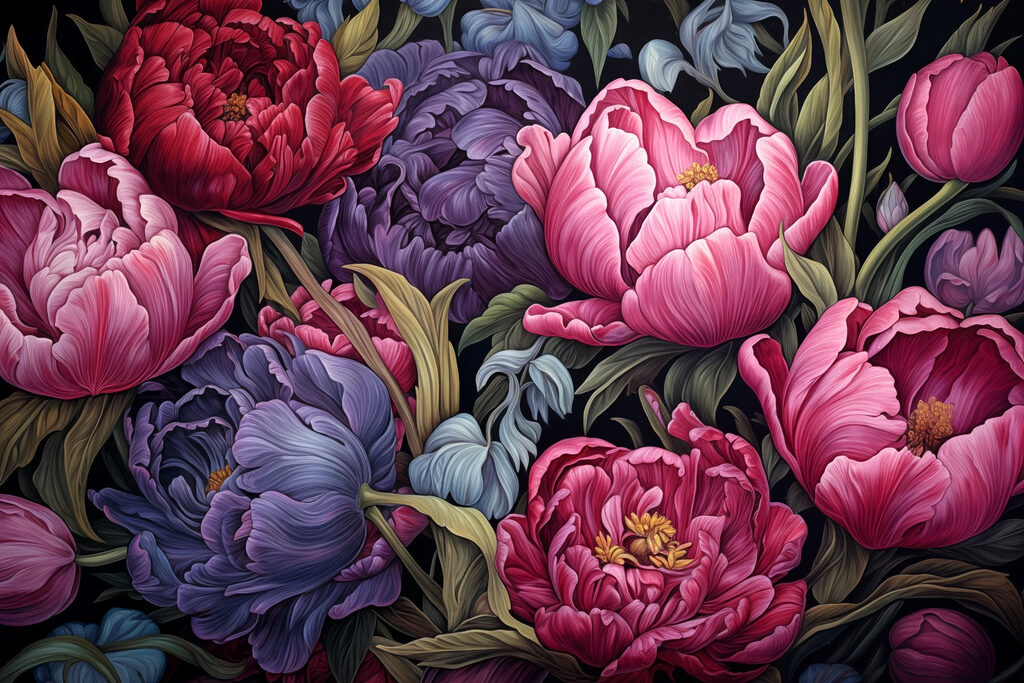 Dense peonies and tulips — full design