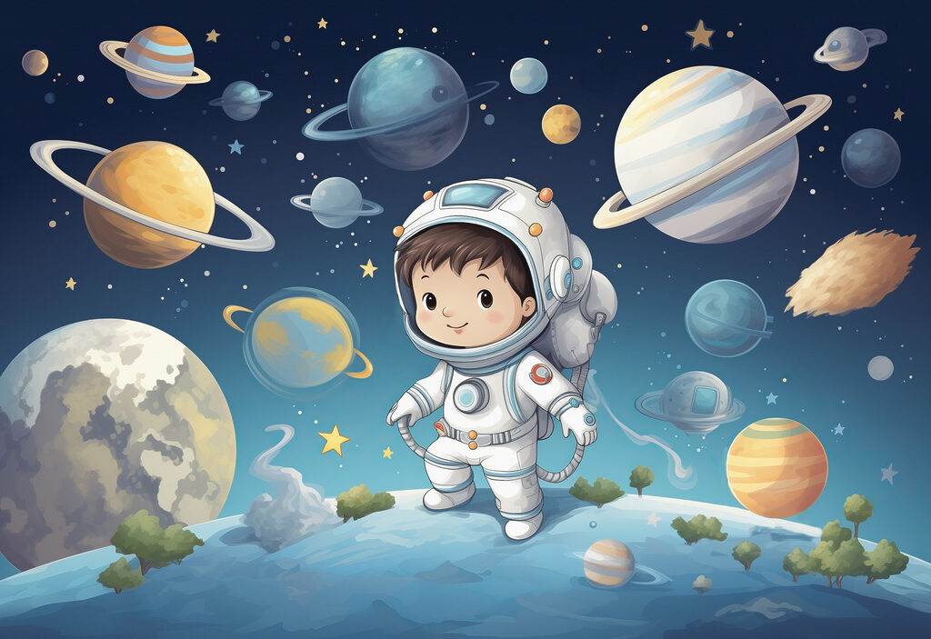 Astronaut among colourful planets — full design