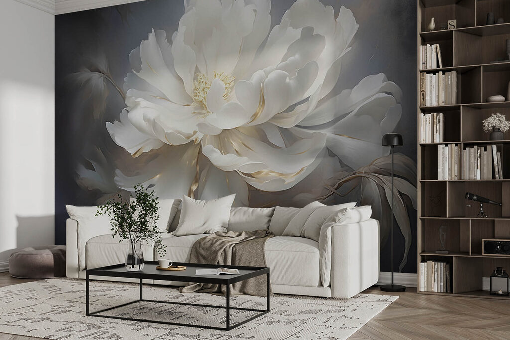 White peony on grey — interior 1