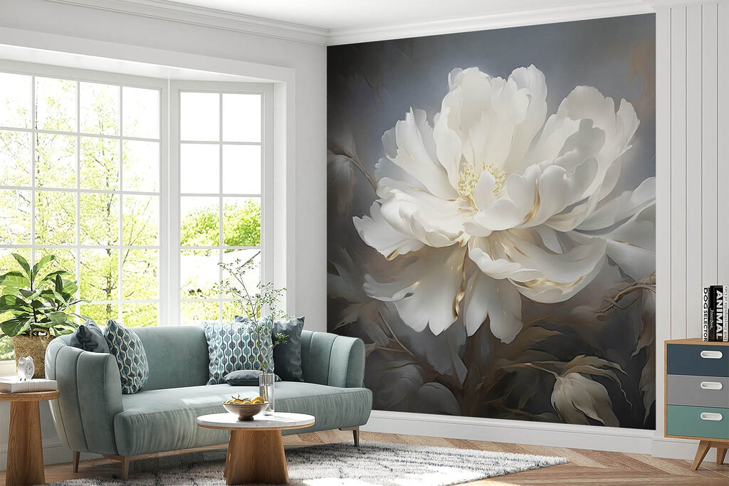 White peony on grey — interior 2