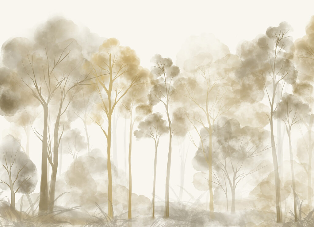 Golden trees in mist — full design