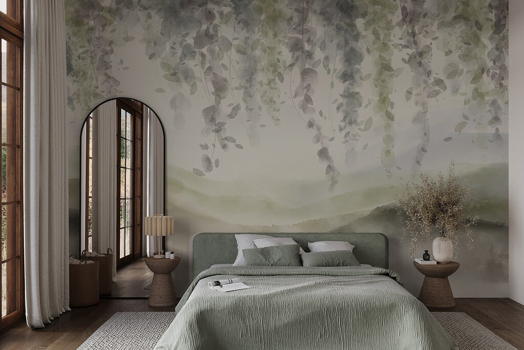 Hills Beneath Hanging Leaves in an interior
