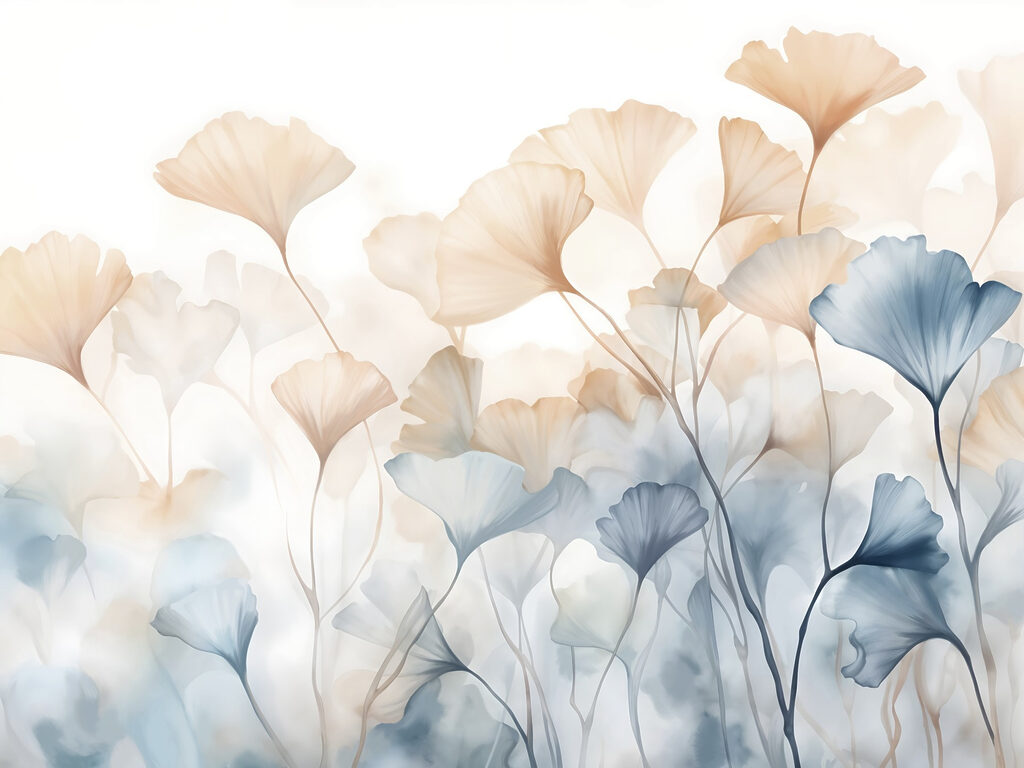 Apricot flowers beside blue — full design