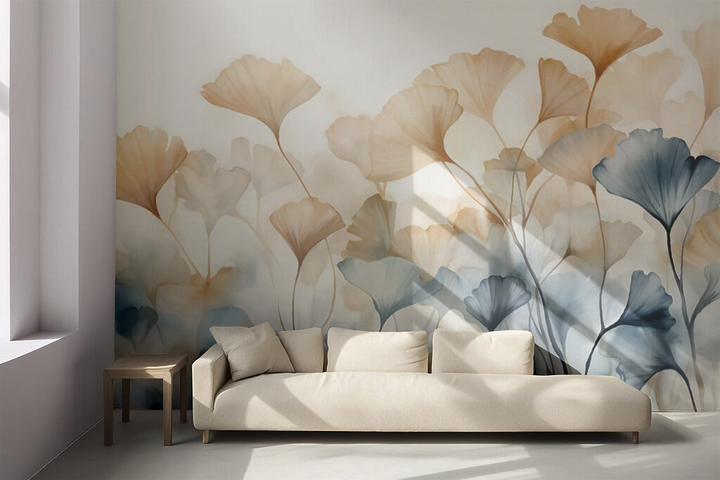 Apricot flowers beside blue — interior 2