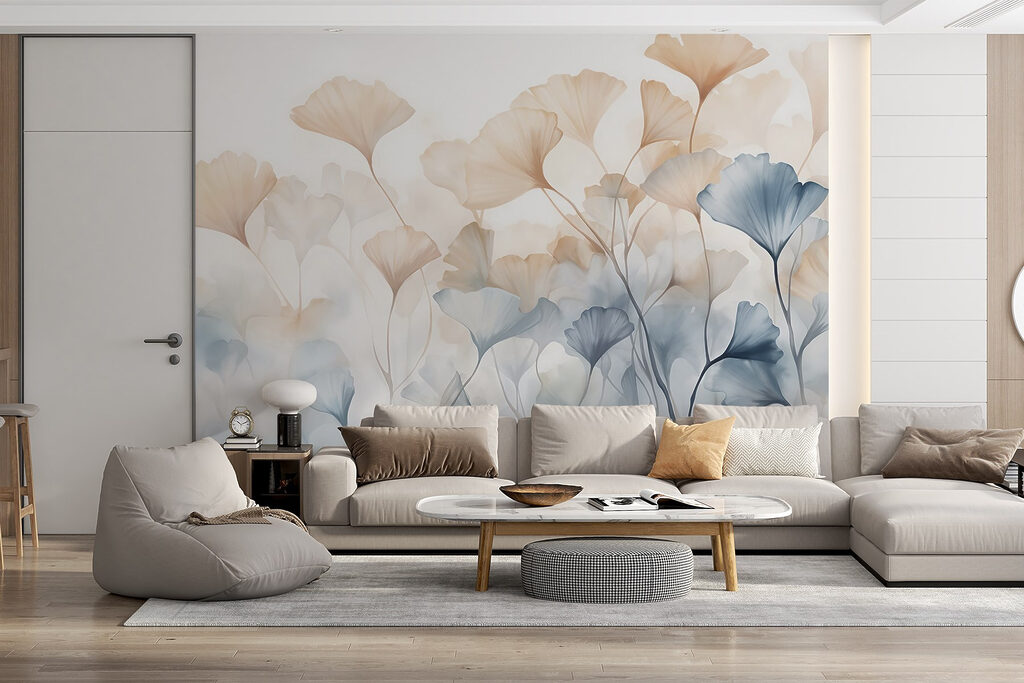Apricot flowers beside blue — interior 3